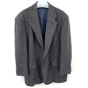 Men's Pendleton Blazer Jacket Wool Dark Blue Plaid Leather Buttons Size 46